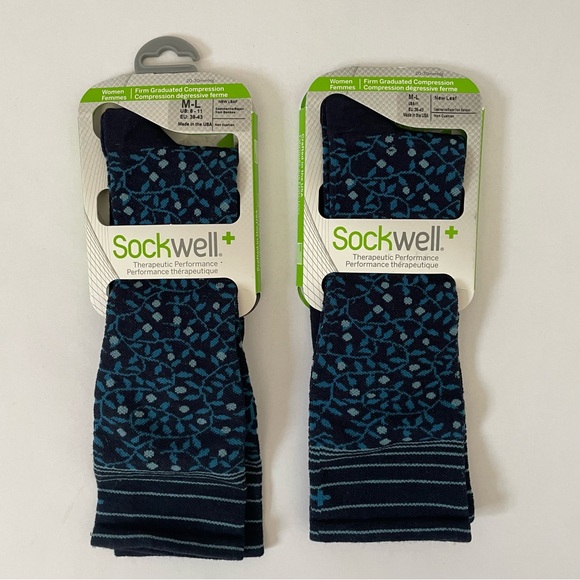 New x2 SockWell Women's M-L Firm Compression Socks Merino Wool Navy Black Leaf - Picture 1 of 3